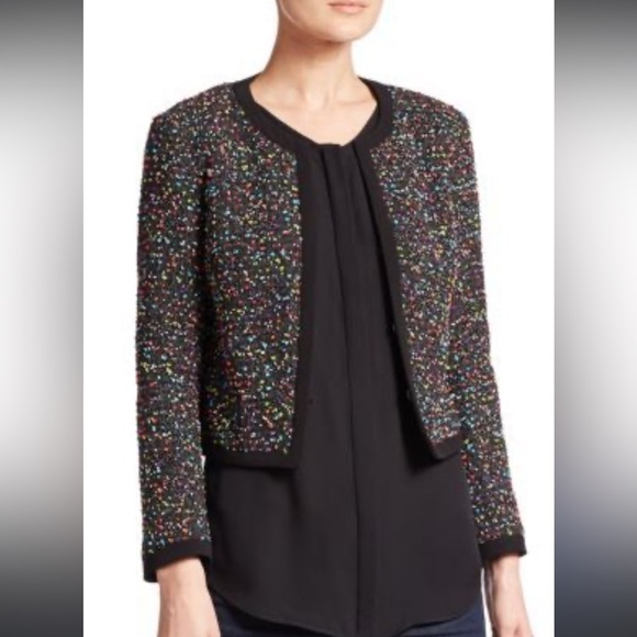 Diane Von Furstenberg Emery Black Multicolor Boucle Tweed Jacket Women's Size 14 - Picture 1 of 12
